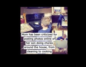 Mom received criticism for posting pictures of her kid performing housework, such as cleaning and cooking, online.
