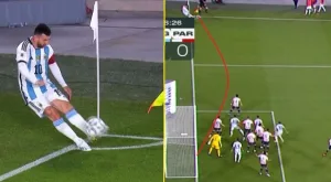 The crossbar prevents Messi from scoring a fantastic and historic goal from a corner kick