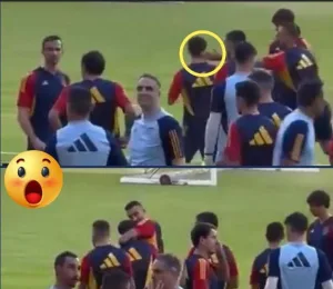 Watch Real Madrid player Joselu provoke Barcelona player Gavi and slap him in the face as a kind of joke, and the matter ends with the Real Madrid player apologizing.